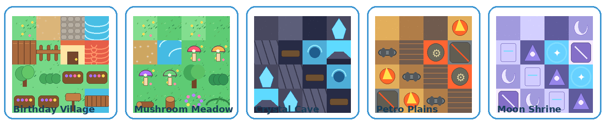 Preview tiles for Birthday Village, Mushroom Meadow, Crystal Cave, Petro Plains and Moon Shrine