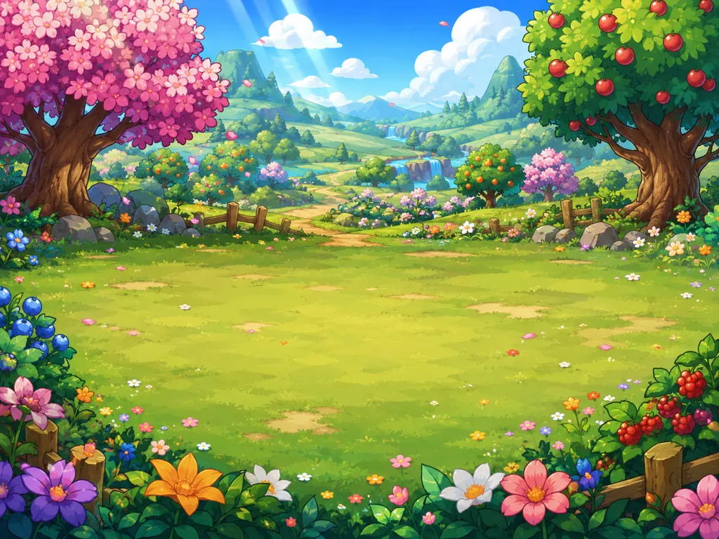 Flower fields with fruit trees in Mushroom Meadow
