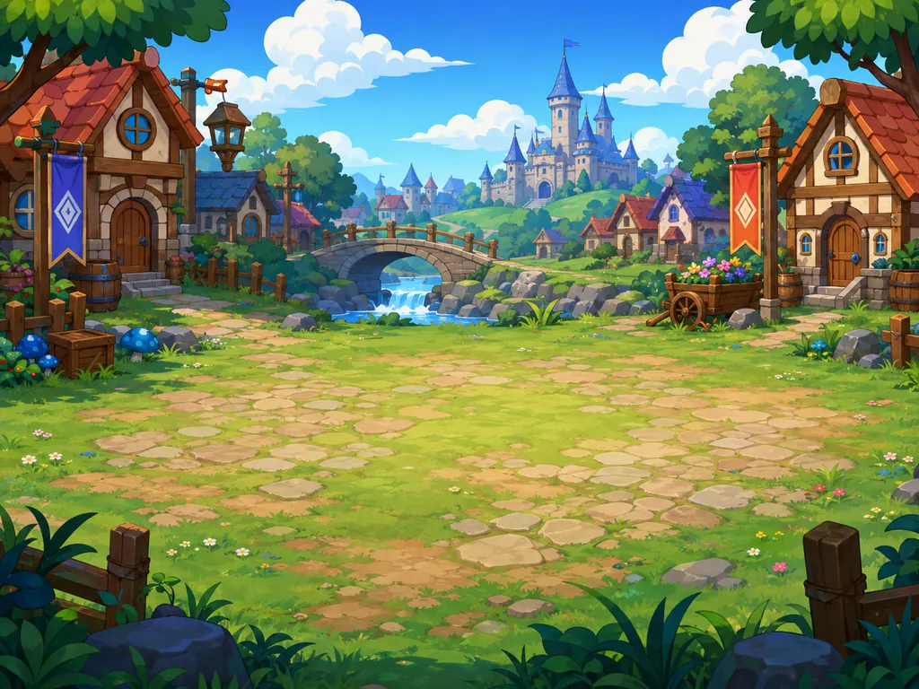 Sunny fantasy village with castles and a bridge in Super Sean 007
